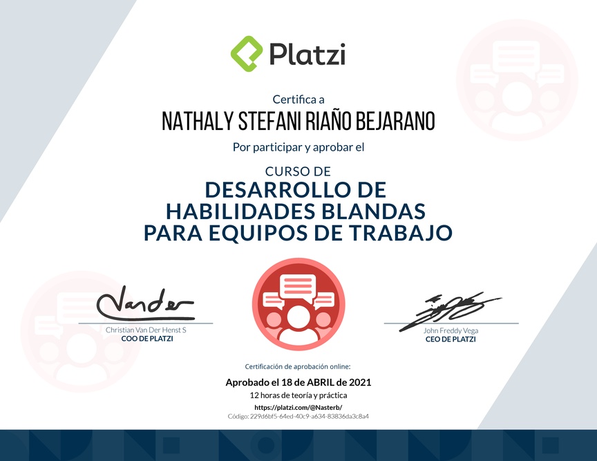 Diploma del Curso de Desarrollo de Habilidades Blandas para Equipos de Trabajo