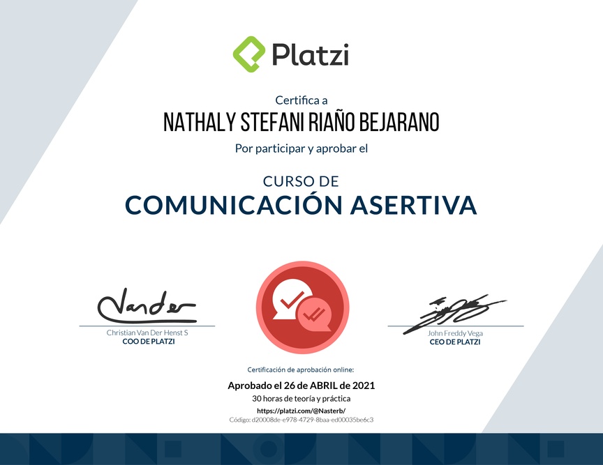 Diploma del Curso de Comunicación Asertiva para la Vida Personal y Profesional (2021)