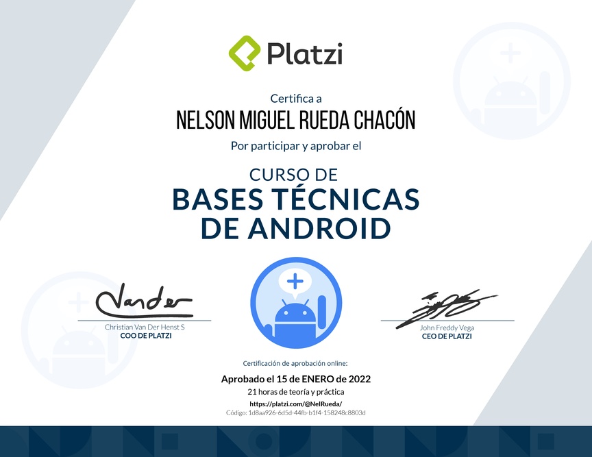 Diploma del Curso de Bases Técnicas de Android