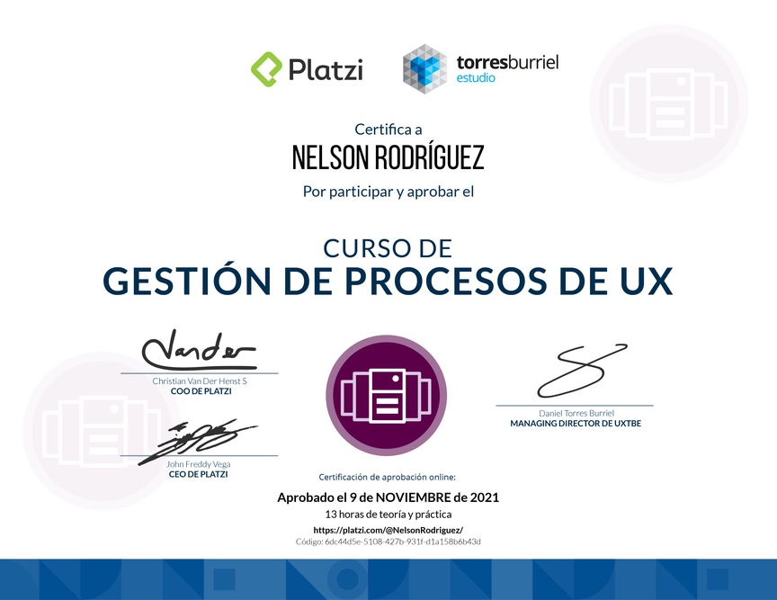 Diploma del Curso de Gestión de Procesos UX