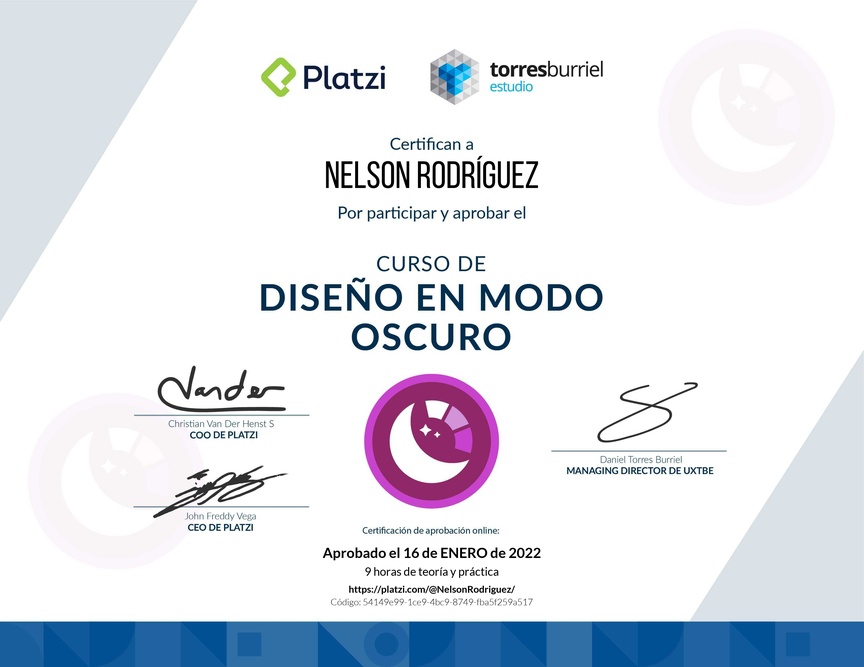 Diploma del Curso de Diseño en Modo Oscuro