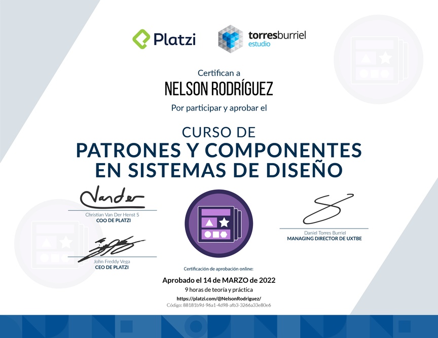 Diploma del Curso de Patrones y Componentes en Sistemas de Diseño