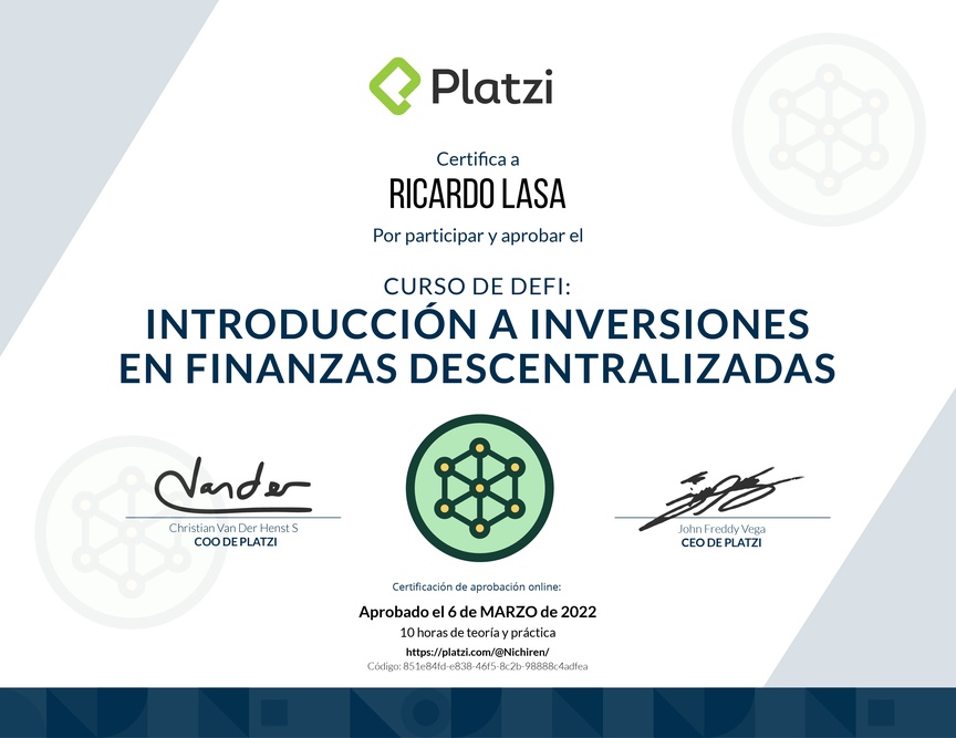 Diploma del Curso de DeFi: Introducción a Inversiones en Finanzas Descentralizadas