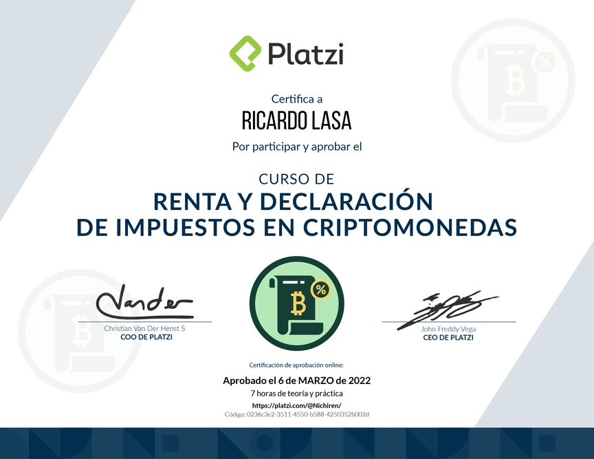 Diploma de Audiocurso de Renta y Declaración de Impuestos en Criptomonedas 2021