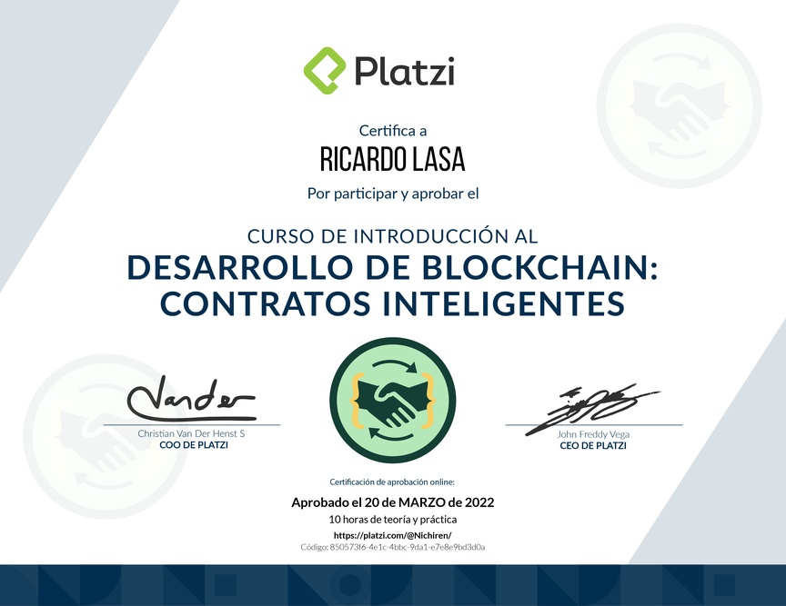 Diploma del Curso de Introducción al Desarrollo Blockchain: Smart Contracts
