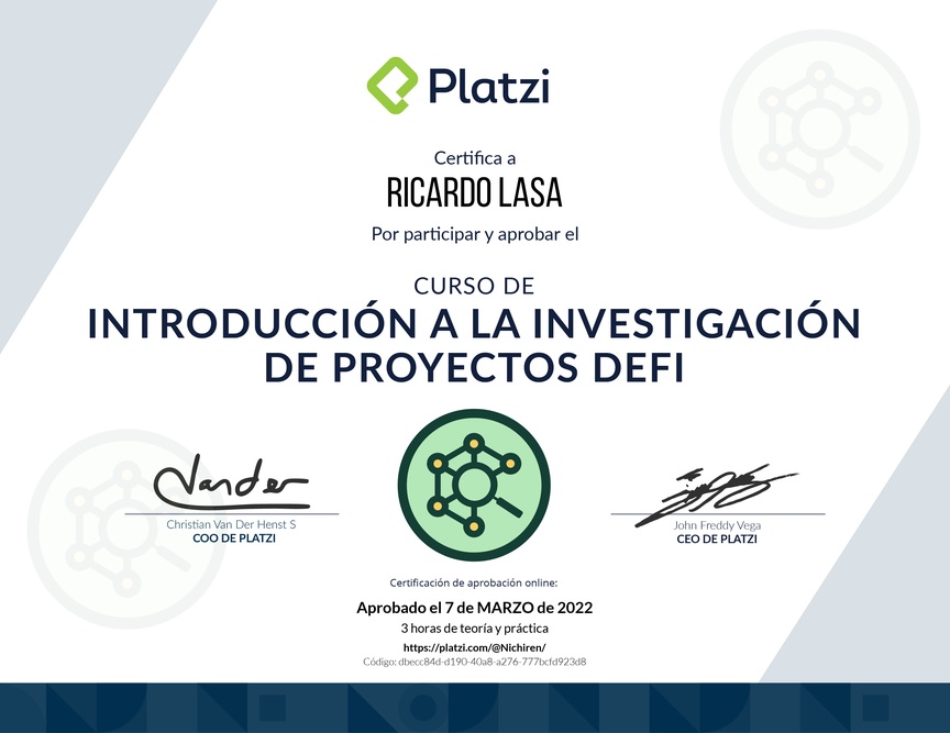 Diploma de Minicurso de Introducción a la Investigación de Proyectos DeFi