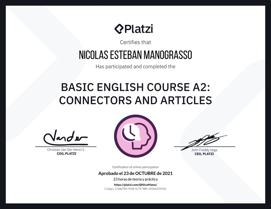 Diploma del Curso de Inglés Básico A2: Conectores y Artículos