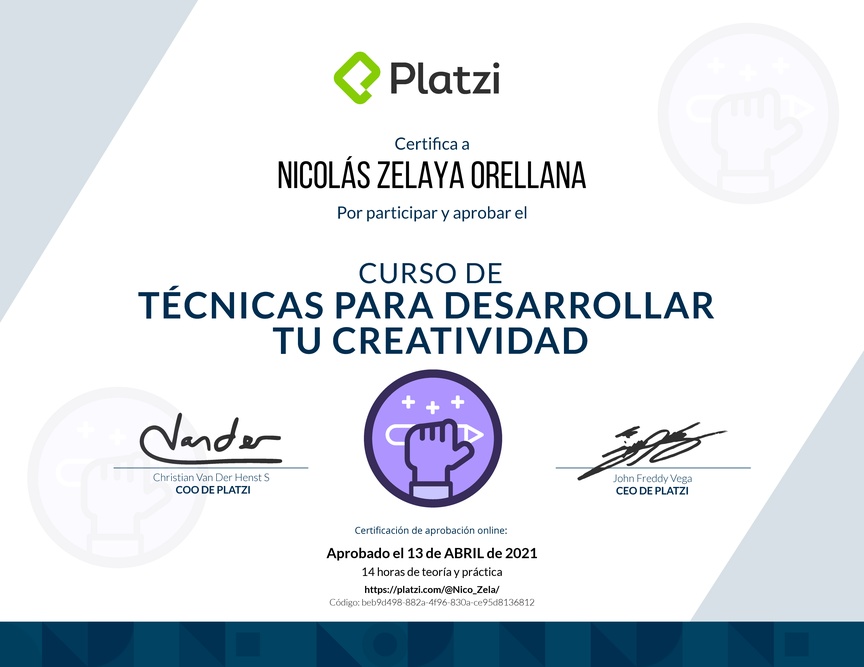 Diploma del Curso para Desarrollar tu Creatividad: Técnicas y Hábitos