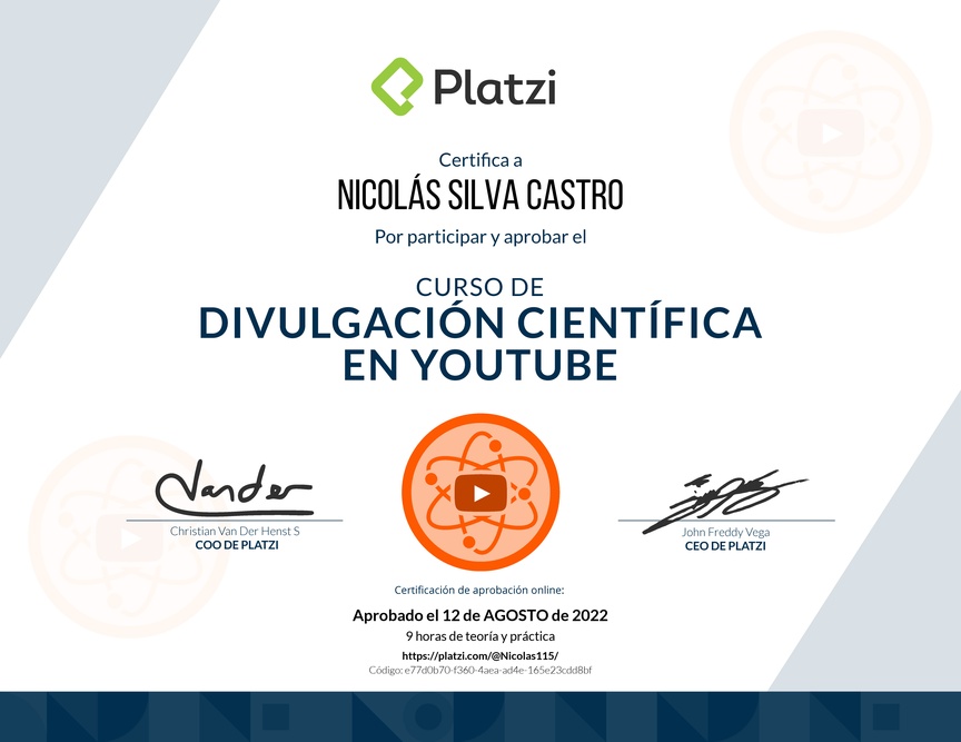 Diploma del Curso de Divulgación Educativa en YouTube