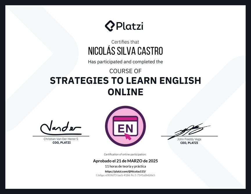 Diploma del Curso Gratis de Estrategias para Aprender Inglés en Línea