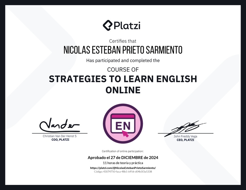 Diploma del Curso Gratis de Estrategias para Aprender Inglés en Línea