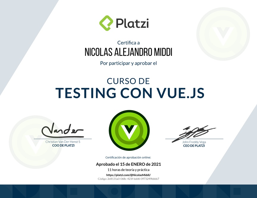 Diploma del Curso de Testing con Vue.js 2