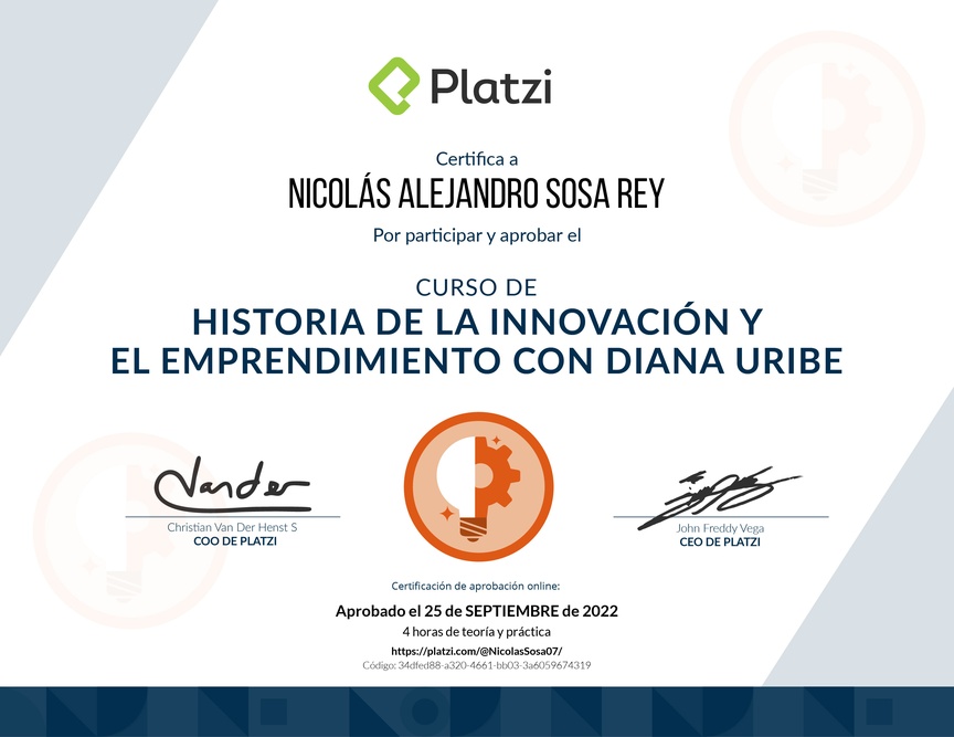 Diploma del Curso de Historia de la Innovación y el Emprendimiento con Diana Uribe
