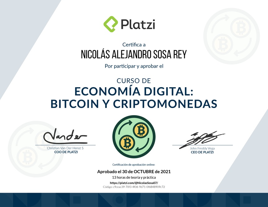 Diploma del Curso de Economía Digital: Bitcoin y Criptomonedas