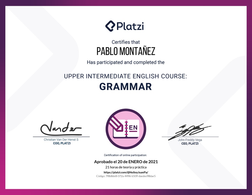 Diploma del Curso Intermedio Alto de Gramática en Inglés (2020)