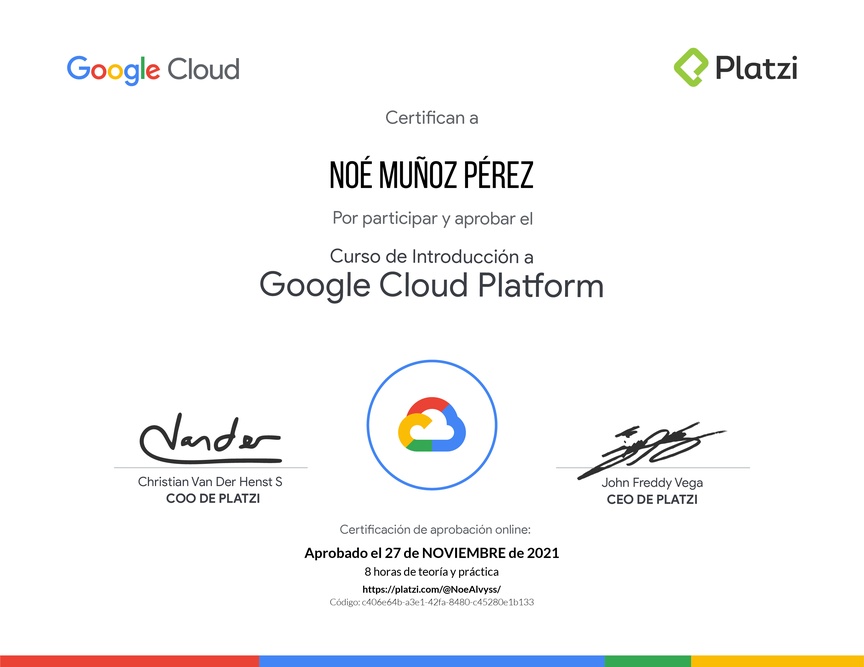 Diploma del Curso de Introducción a Google Cloud Platform
