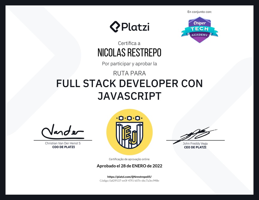 Diploma de la Ruta de Aprendizaje de Full Stack Developer con JavaScript
