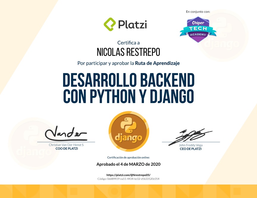 Diploma de la Ruta de Aprendizaje de Desarrollo Backend con Python y Django