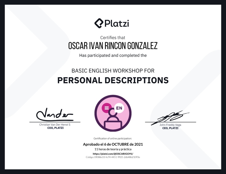 Diploma del Curso de Inglés Práctico para Descripciones Personales (2020=