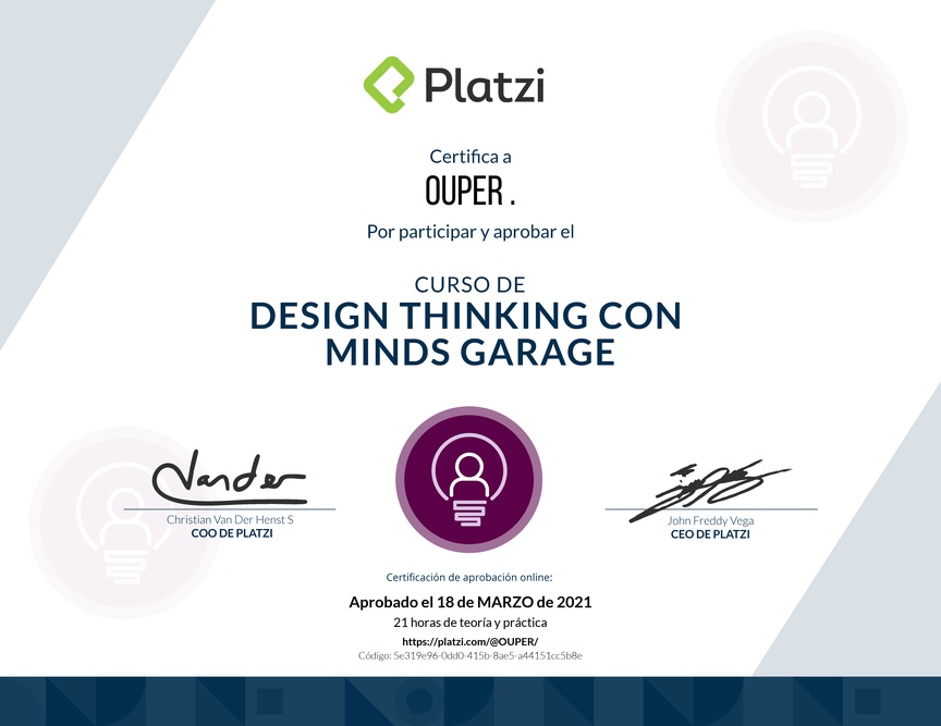 Diploma del Curso de Design Thinking con Minds Garage