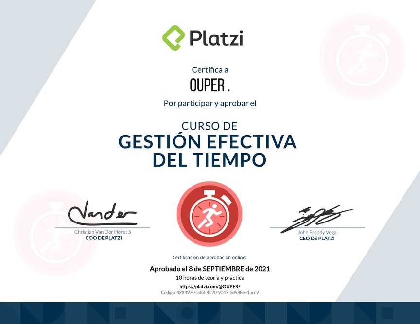 Diploma del Curso de Gestión Efectiva del Tiempo