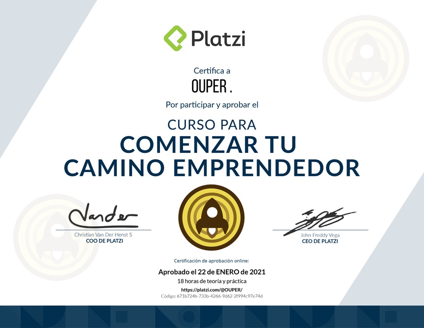Diploma del Curso para Comenzar tu Camino Emprendedor