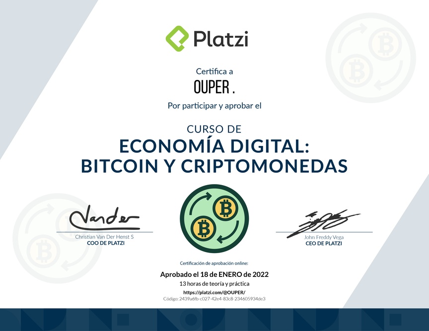 Diploma del Curso de Economía Digital: Bitcoin y Criptomonedas