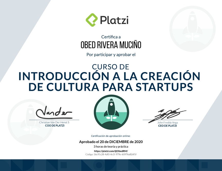Diploma del Curso de Introducción a la Creación de Cultura para Startups