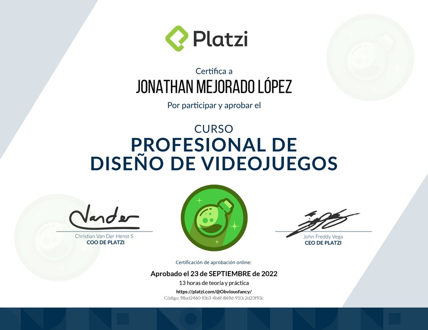 Diploma del Curso Profesional de Diseño de Videojuegos