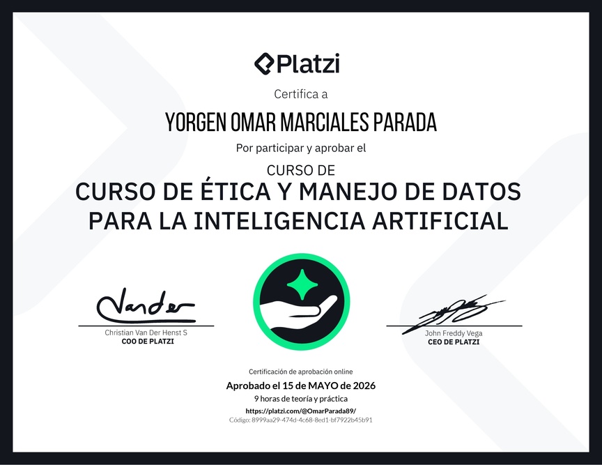Diploma del Curso de Ética y Manejo de Datos para Inteligencia Artificial