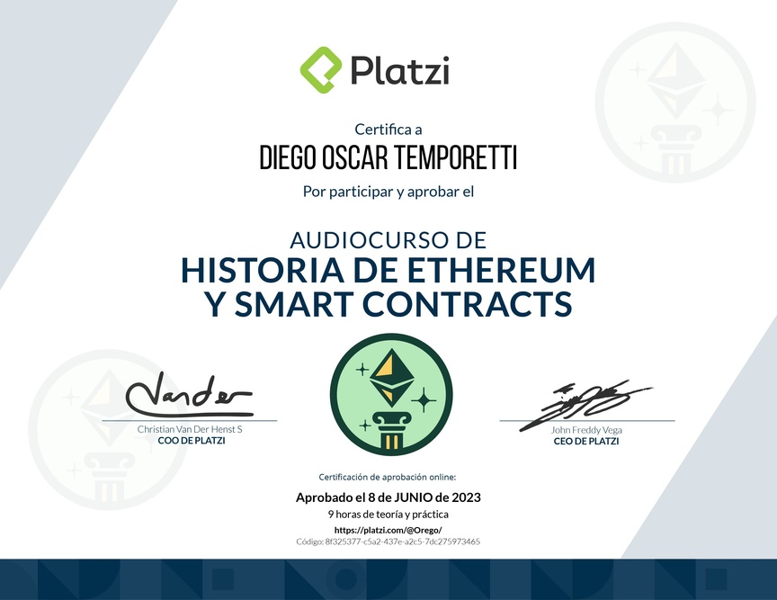 Diploma de Audiocurso de Historia de Ethereum y Smart Contracts
