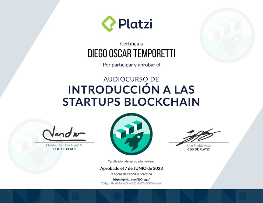 Diploma de Audiocurso de Introducción a las Startups Blockchain