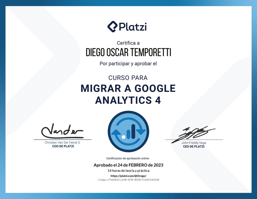 Diploma del Curso de Migración de Datos a Google Analytics 4