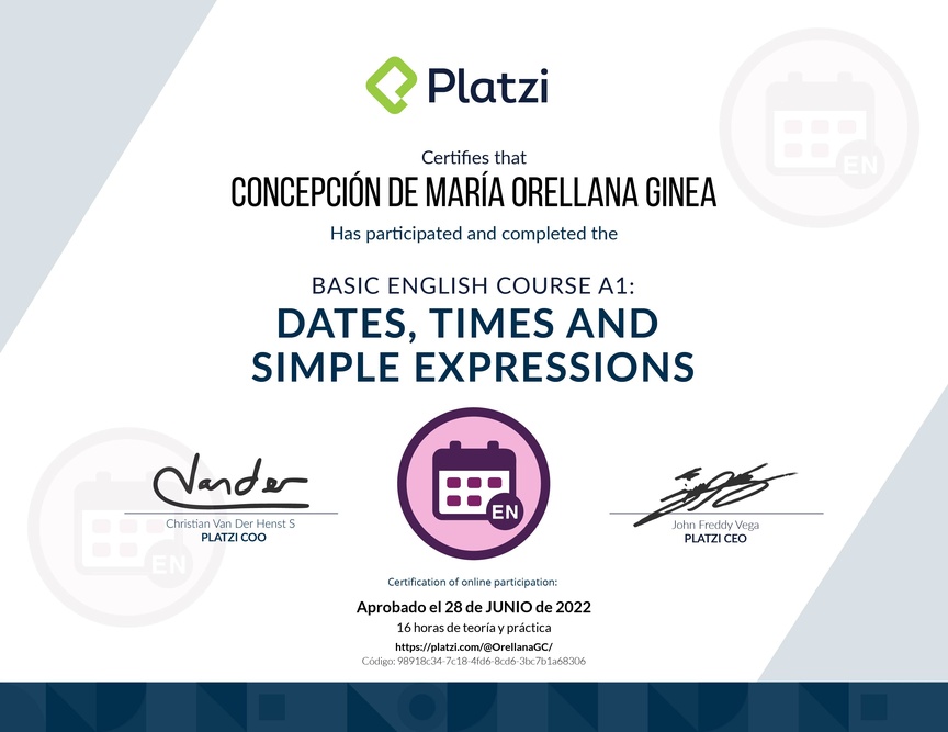 Diploma del Curso de Inglés Básico A1: Fechas, Horas y Expresiones Simples