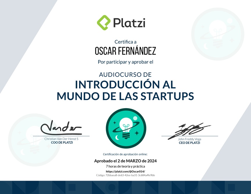 Diploma de Audiocurso de Introducción al Mundo de las Startups