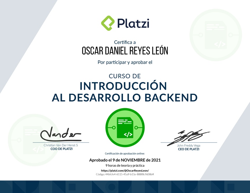 Diploma del Curso de Introducción al Desarrollo Backend