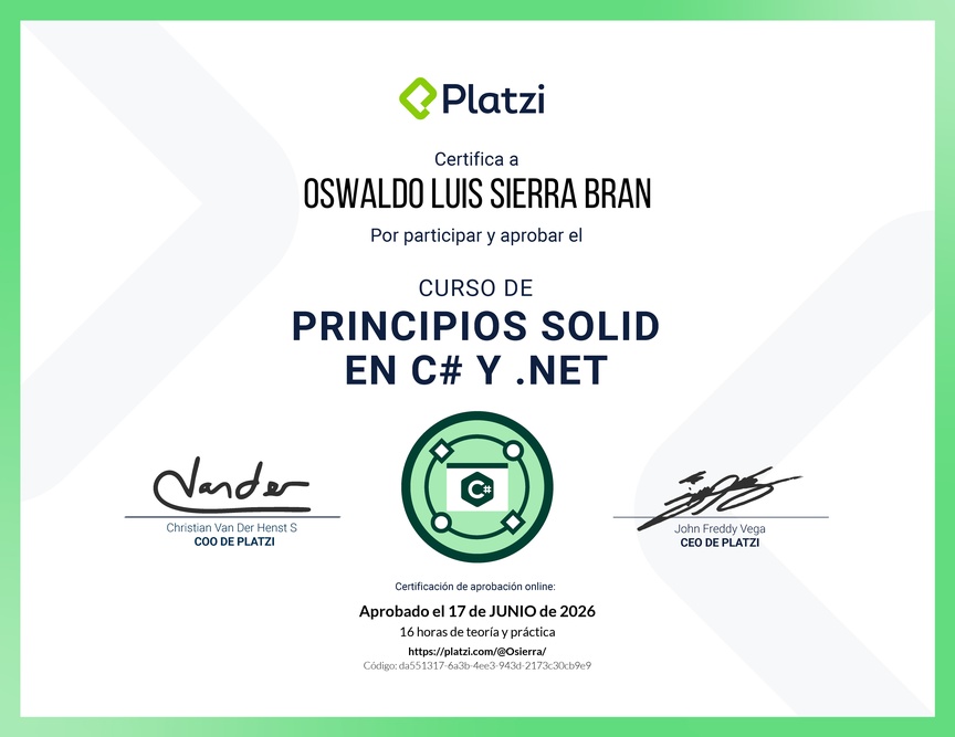 Diploma del Curso de Principios SOLID en C# y .NET