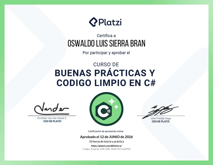 Diploma del Curso de Buenas Prácticas y Código Limpio en C#