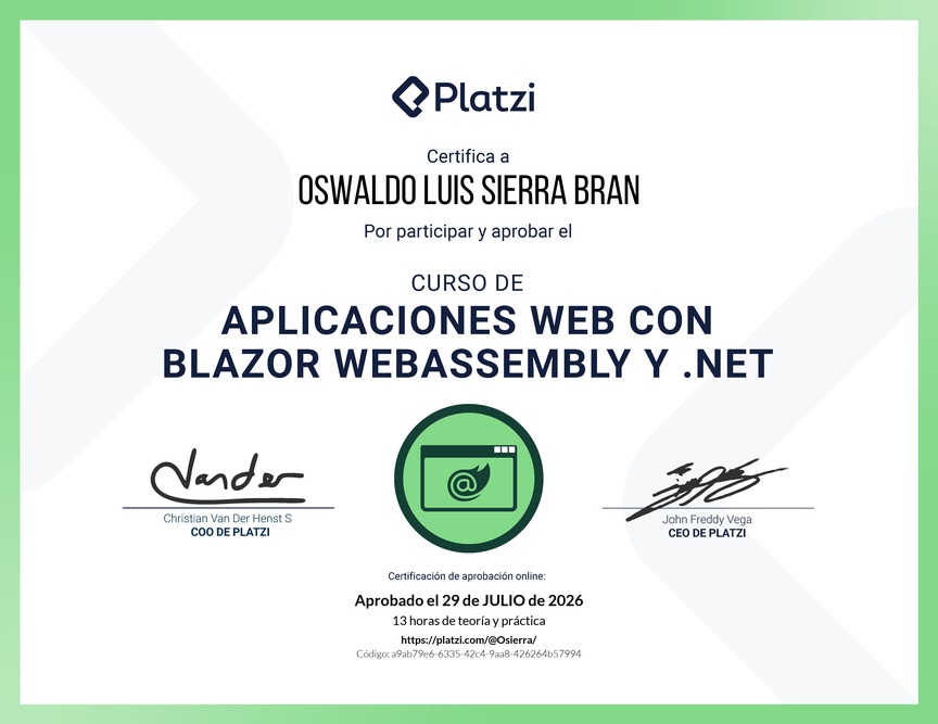 Diploma del Curso de Aplicaciones Web con Blazor WebAssembly y .NET