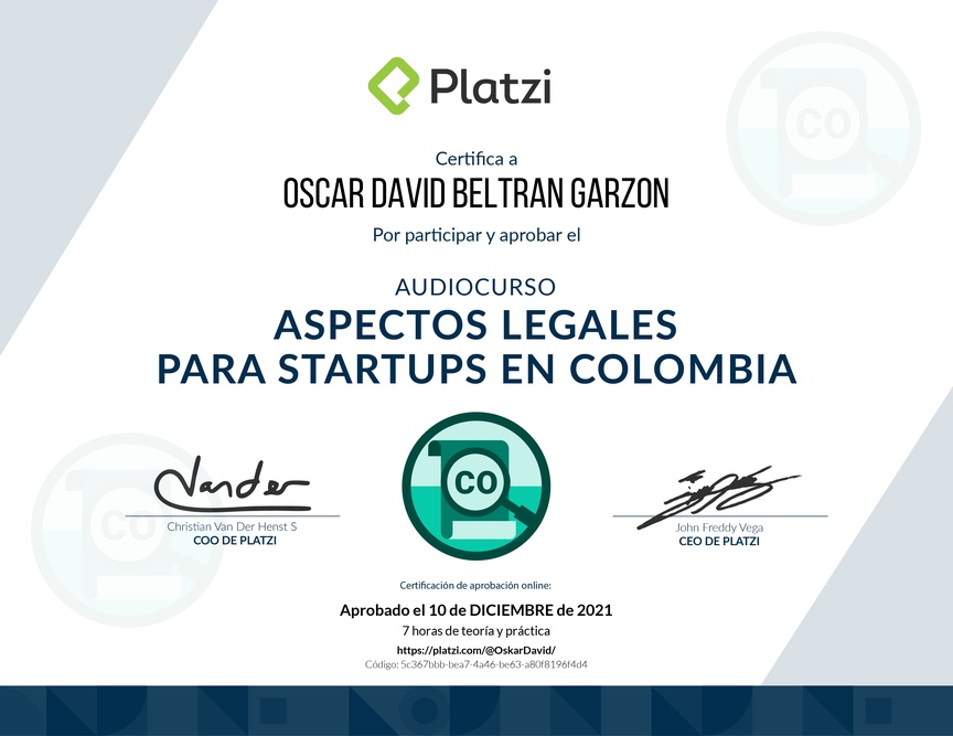 Diploma de Audiocurso Aspectos Legales para Startups en Colombia