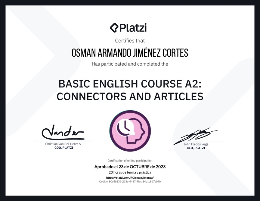 Diploma del Curso de Inglés Básico A2: Conectores y Artículos