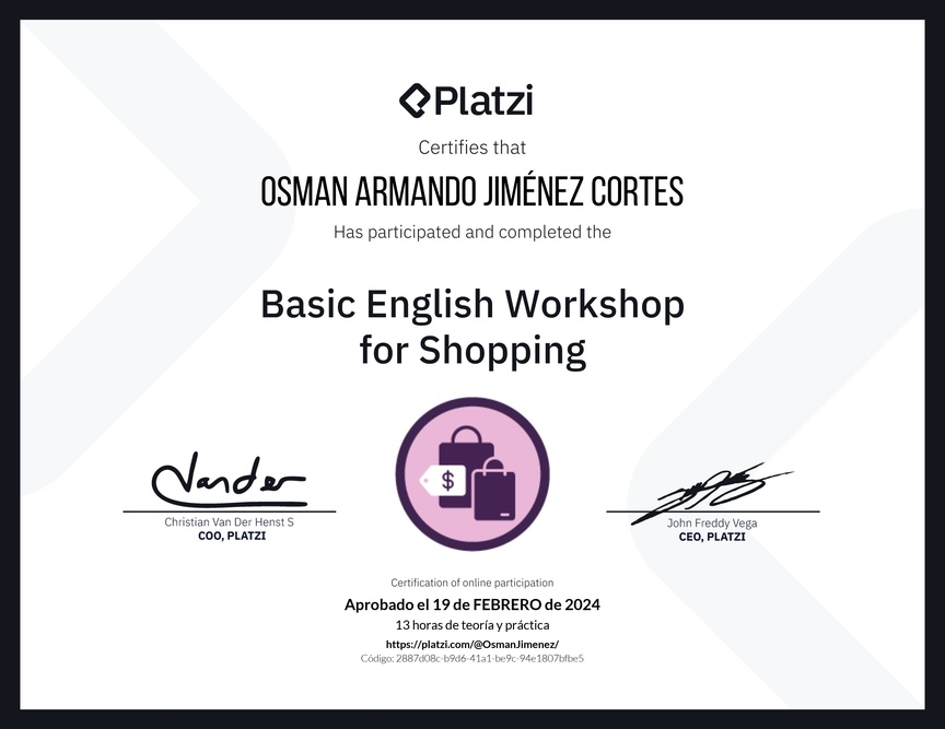 Diploma del Curso de Inglés Práctico para Compras