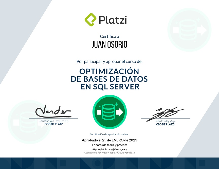 Diploma del Curso de Optimización de Bases de Datos en SQL Server