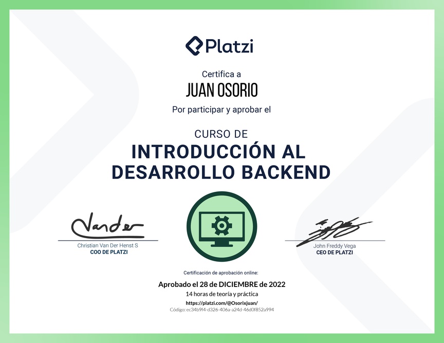 Diploma del Curso de Introducción al Desarrollo Backend