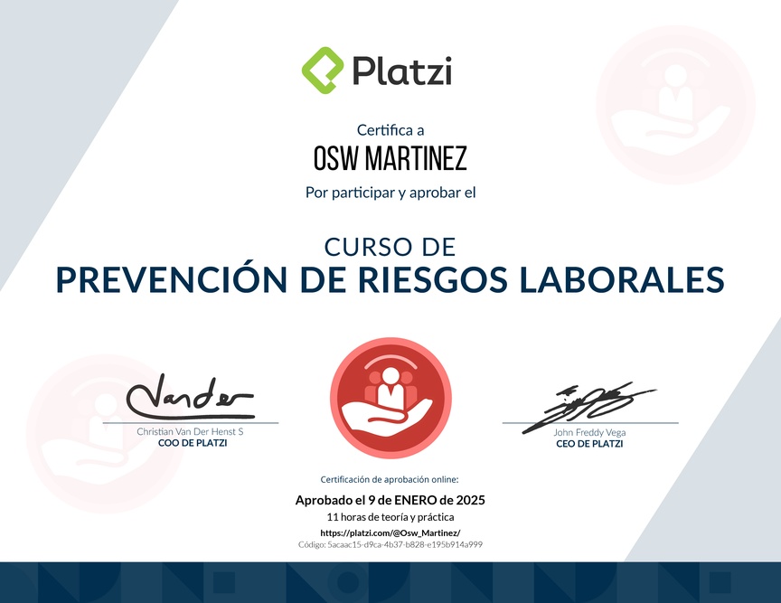 Diploma del Curso de Prevención de Riesgos Laborales