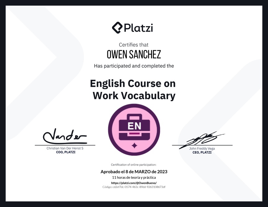 Diploma del Curso de Vocabulario en Inglés para el Trabajo