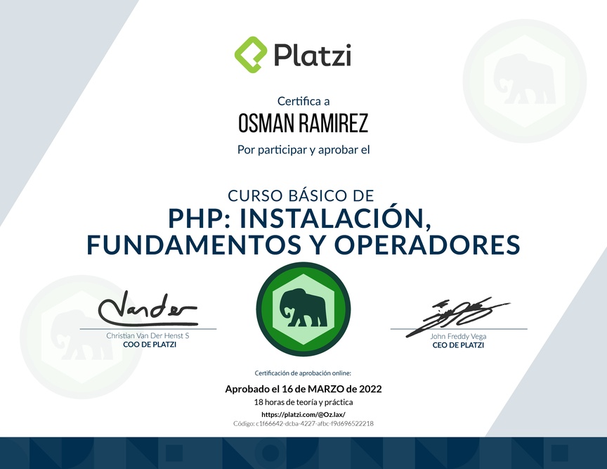 Diploma del Curso Básico de PHP: Instalación, Fundamentos y Operadores
