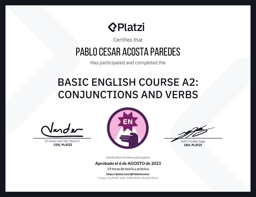 Diploma del Curso de Inglés Básico A2: Conjunciones y Verbos