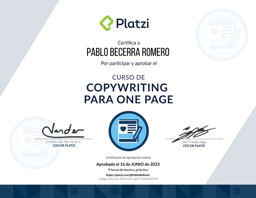 Diploma del Curso de Copywriting para One Page Web