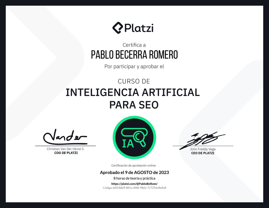 Diploma del Curso de Inteligencia Artificial para SEO